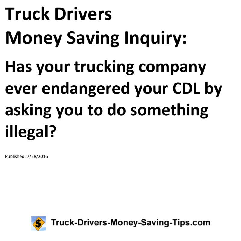 Truck Drivers Money Saving Inquiry for 07-28-2016