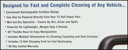 Close-up of list of features for canister-style vaccum cleaner for sale at a truck stop. Notice the 90 Day Limited Warranty.