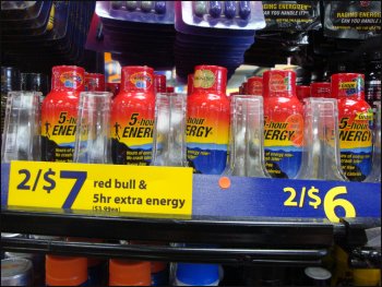 A display of 5-Hour Energy shots at a truckstop.