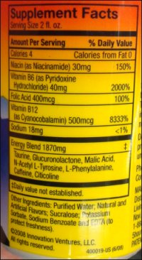 Nutrition Facts panel of 5-Hour Energy shot.