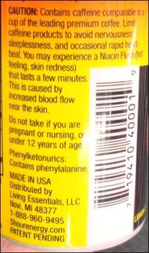 Caution panel of 5-Hour Energy shot label.