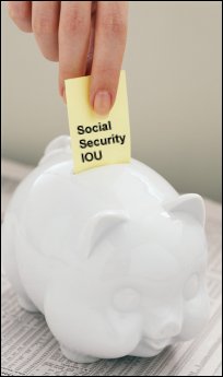Social Security IOU note being put in piggy bank.
