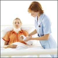 Female patient wearing neck brace and cast on broken arm.