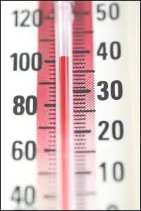 A thermometer showing a temperature of over 100 degrees Fahrenheit.