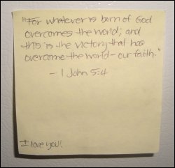 Scripture verse and 'I love you!' on a yellow sticky note.