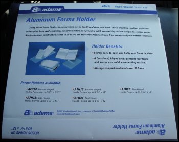 Image of back package label of aluminum forms holder.