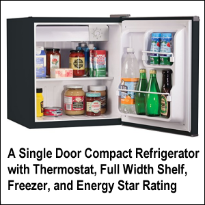 A Single Door Compact Refrigerator With Thermostat, Full Width Shelf, Freezer, and Energy Star Rating