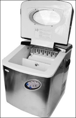 View of NewAir AI200-SS Portable Ice Maker with lid open showing fingers and water trough in down position.
