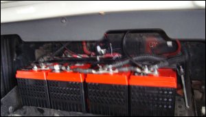 Four of the six deep-cycle batteries needed as the 12-volt power source to run the Arctic Breeze Truck AC.