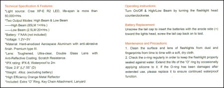 Inside of instruction manual that came with the Bantam HB-62 mini flashlight.