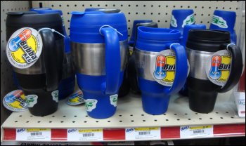 A display of smaller Bubba Kegs on sale at a truck stop.