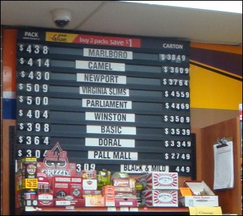Display of cigarette prices by the pack and by the carton at a truck stop as of October 31, 2009.