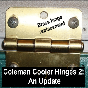 The first replacement hinge for a plastic Coleman cooler hinge.