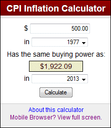 Image of CPI Inflation Calculator's info on buying power in 2013 based on 500 dollars in 1977.
