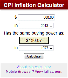 Image of CPI Inflation Calculator's info on buying power in 1977 based on 500 dollars in 2013.