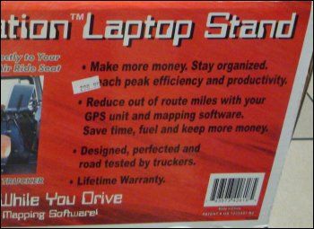 This is a close-up of the right side of the front panel on the workstation box. Notice the wording, that this product has been: 'Designed, perfected and road tested by truckers.'