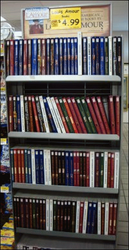 A display of audiobooks at a truck stop.