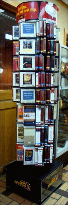 A display of audiobooks at a truck stop.