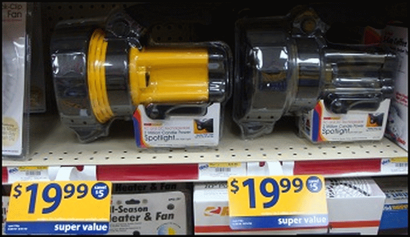 Flashlights sold as spotlights in a truck stop.