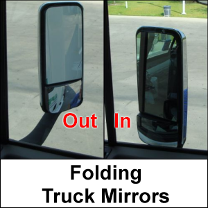 Folding truck mirrors: out and in positions.