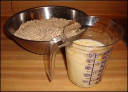 Amish Baked Oatmeal with dry and liquid ingredients each combined and mixed.