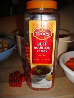 Tone's beef bouillon cubes serve as the flavoring in our preparation of beef stew. Individual cubes are shown on the left and the large container on the right.