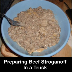 Preparing Beef Stroganoff in a truck.