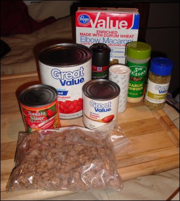 All of the ingredients for our homemade beefaroni.
