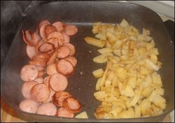 Here, the leftover vegetable was fried up with polska kielbasa Polish sausage as part of an cooked in-truck breakfast.