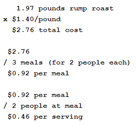 Calculating the cost of the pot roast.