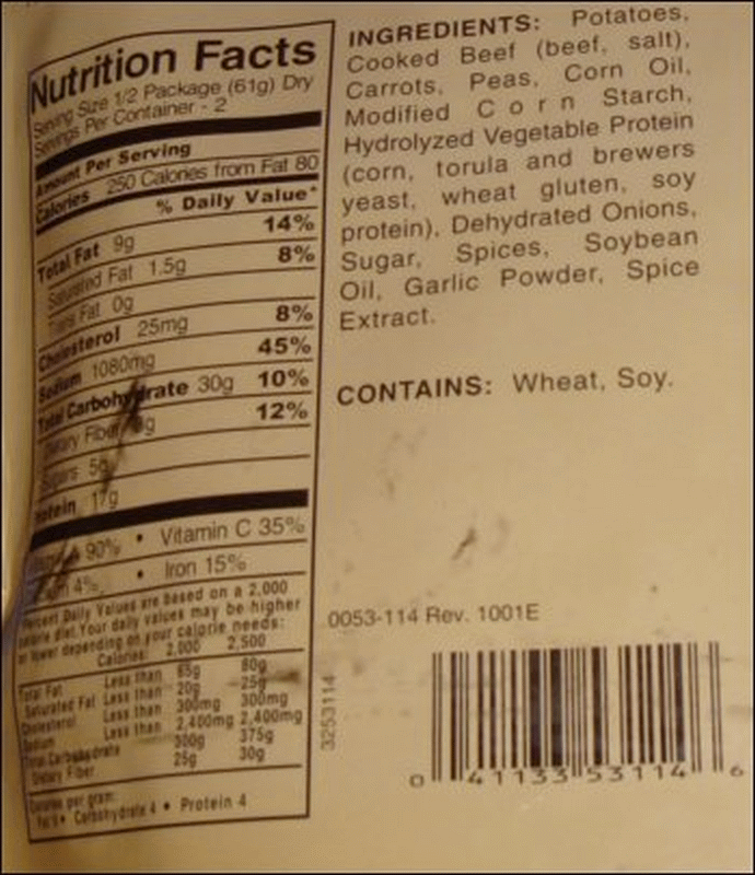 The stated ingredients on the package of freeze dried beef stew.