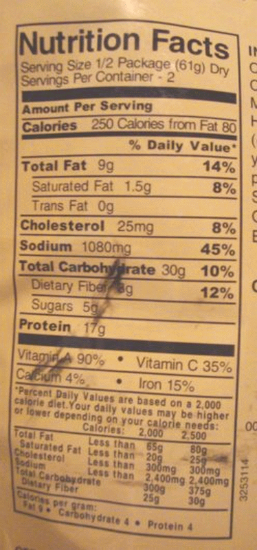 The nutrition facts panel of Mountain House Beef Stew.