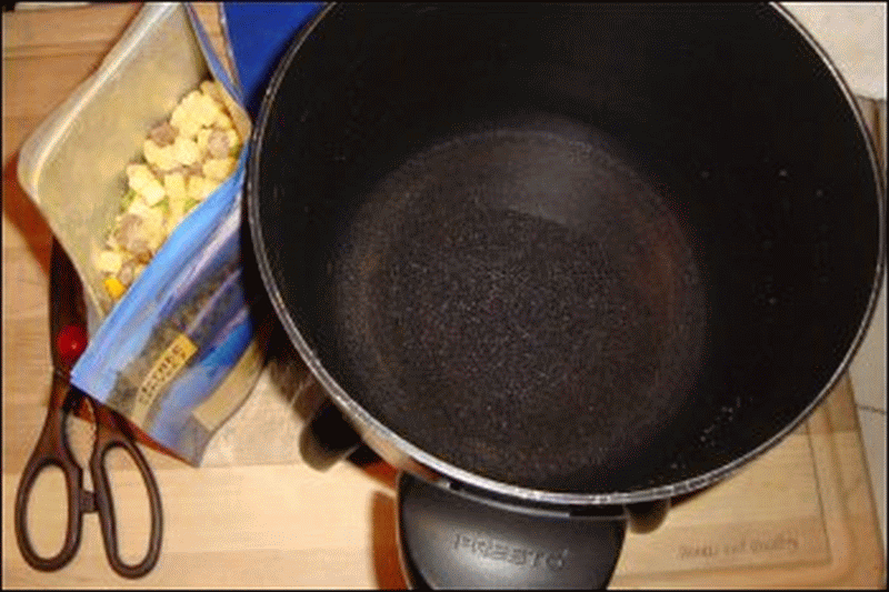 The set-up we used to prepare our pouch of freeze dried stew.