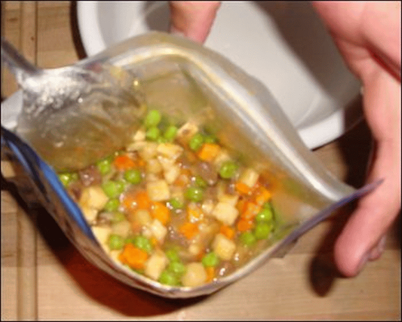 Ooh, yum! Check out the gravy. Mike stirred up the rehydrated beef stew. The aroma was most tantalizing.