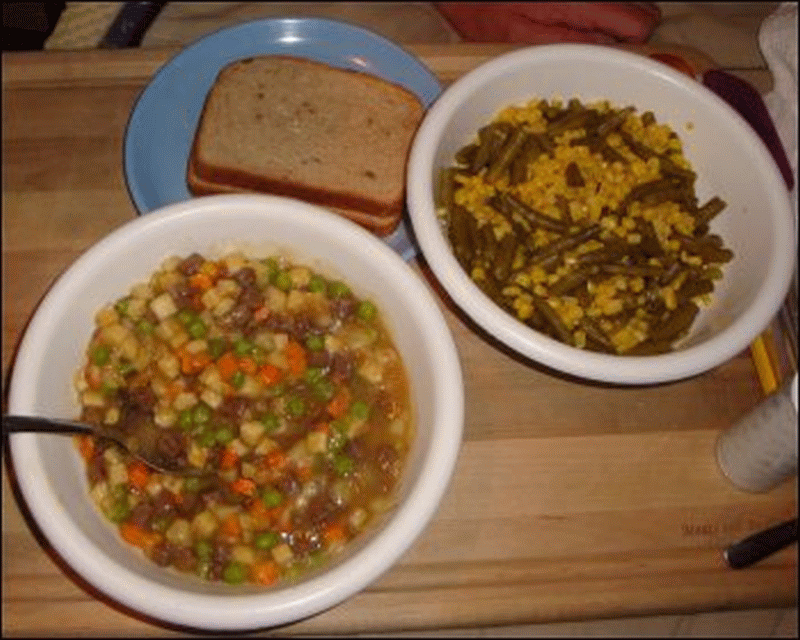 Our meal consisted of the rehydrated freeze dried beef stew, a side dish of hot vegetables and bread.