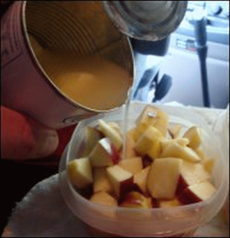 Mike poured a mixture of syrups from the chunk pineapple and canned peaches over the pieces of fruit in his fruit salad.