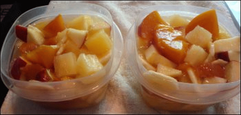 The finished fruit salad, waiting to be chilled and then eaten. Yum!