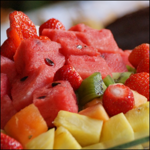 Fruit including watermelon, cantaloupe, pineapple, kiwi, strawberies