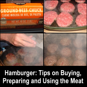 Collage of images of hamburger meat to hamburgers.