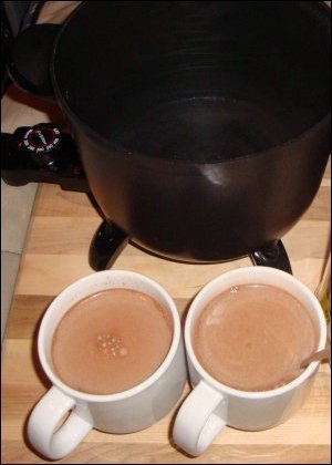 Hot chocolate or hot cocoa mix made into a beverage. The water was heated up in a hot pot powered by an inverter connected to the truck's batteries.