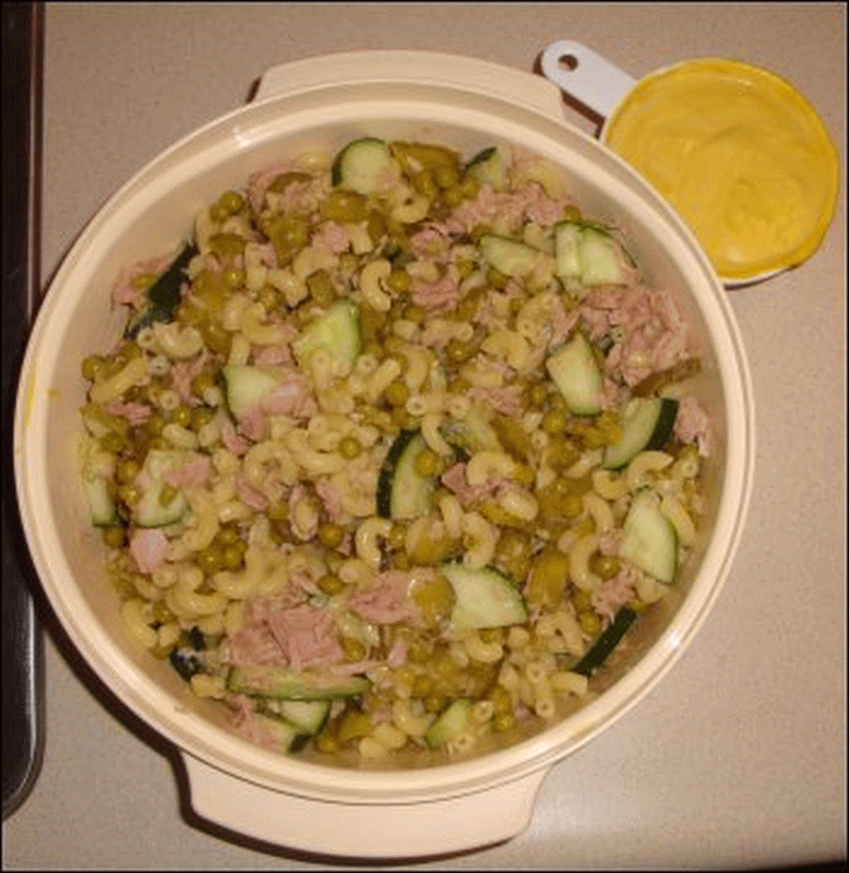 The mixed ingredients in mean pea salad waiting for the condiments to be mixed in.