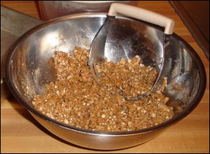 The peach crisp oatmeal mixture containing butter or margarine.