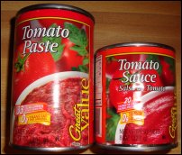 Store brand cans of tomato paste, 12 ounces, and tomato sauce, 8 ounces.