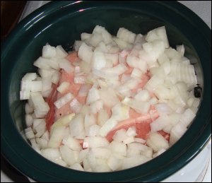 Vicki diced an onion, placed it on top of the roast in the crock pot and turned the appliance on low.