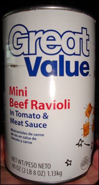 The Great Value (Wal-Mart store brand) variety of mini beef ravioli in tomato and meat sauce. Size: 40 ounces.