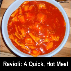 Canned ravioli in bowl.