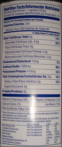 A photo of the Nutrition Facts panel from the back of the can of ravioli.