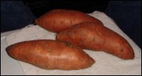 Three raw sweet potatoes, waiting to be cleaned, cut and boiled for sweet potato casserole.