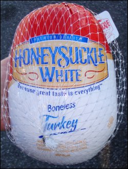 The front panel of the 3-pound boneless turkey we purchased for preparing Thanksgiving dinner in our truck.