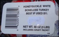 A close-up photo of the label from the boneless turkey we bought for preparing Thanksgiving dinner in our truck.